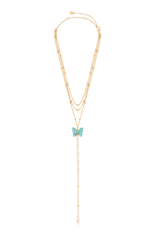 Ettika Turquoise Butterfly Pearl Chain Lariat Necklace