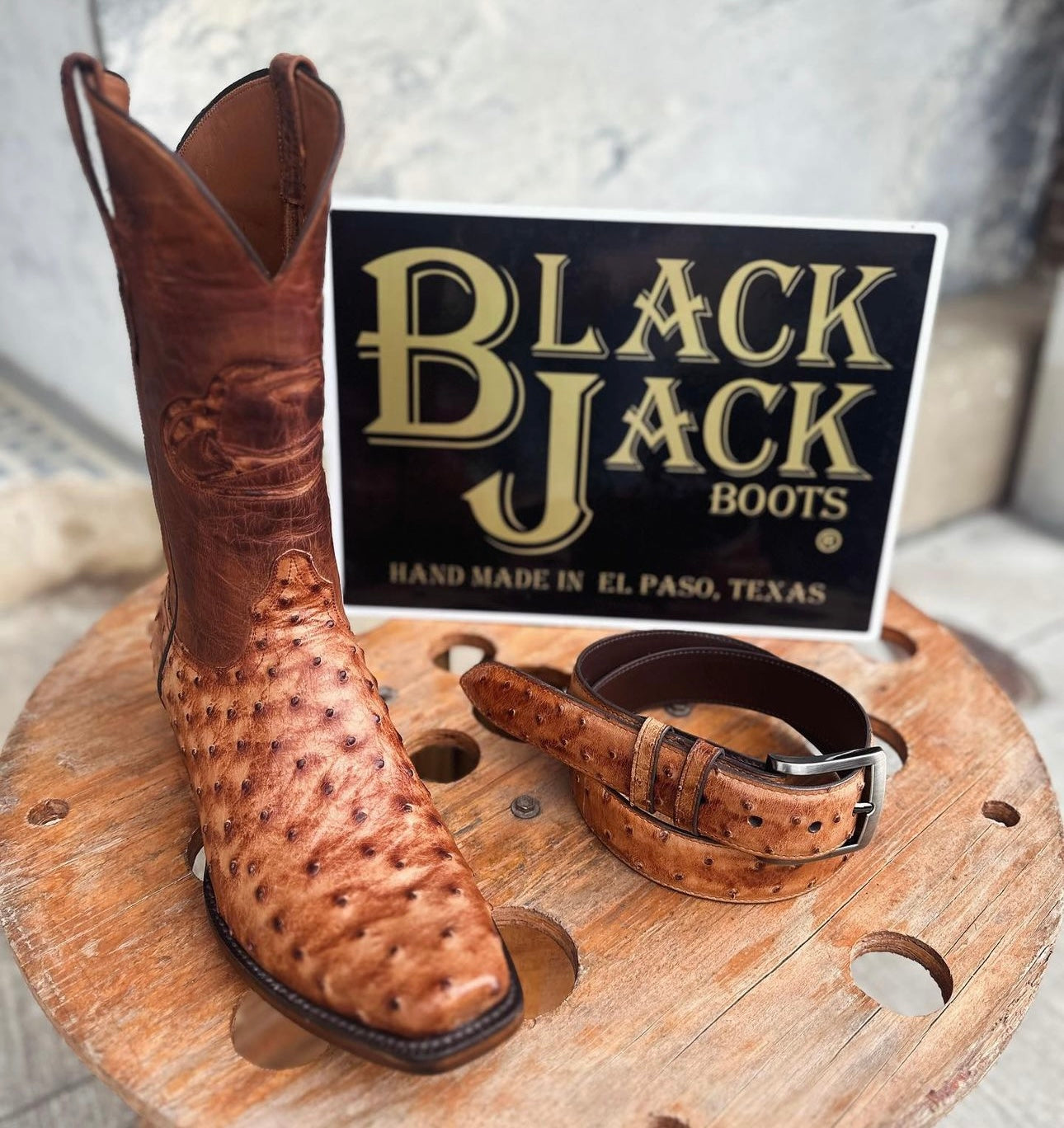 Black Jack Full Quill Ostrich Boots Belt Bundle