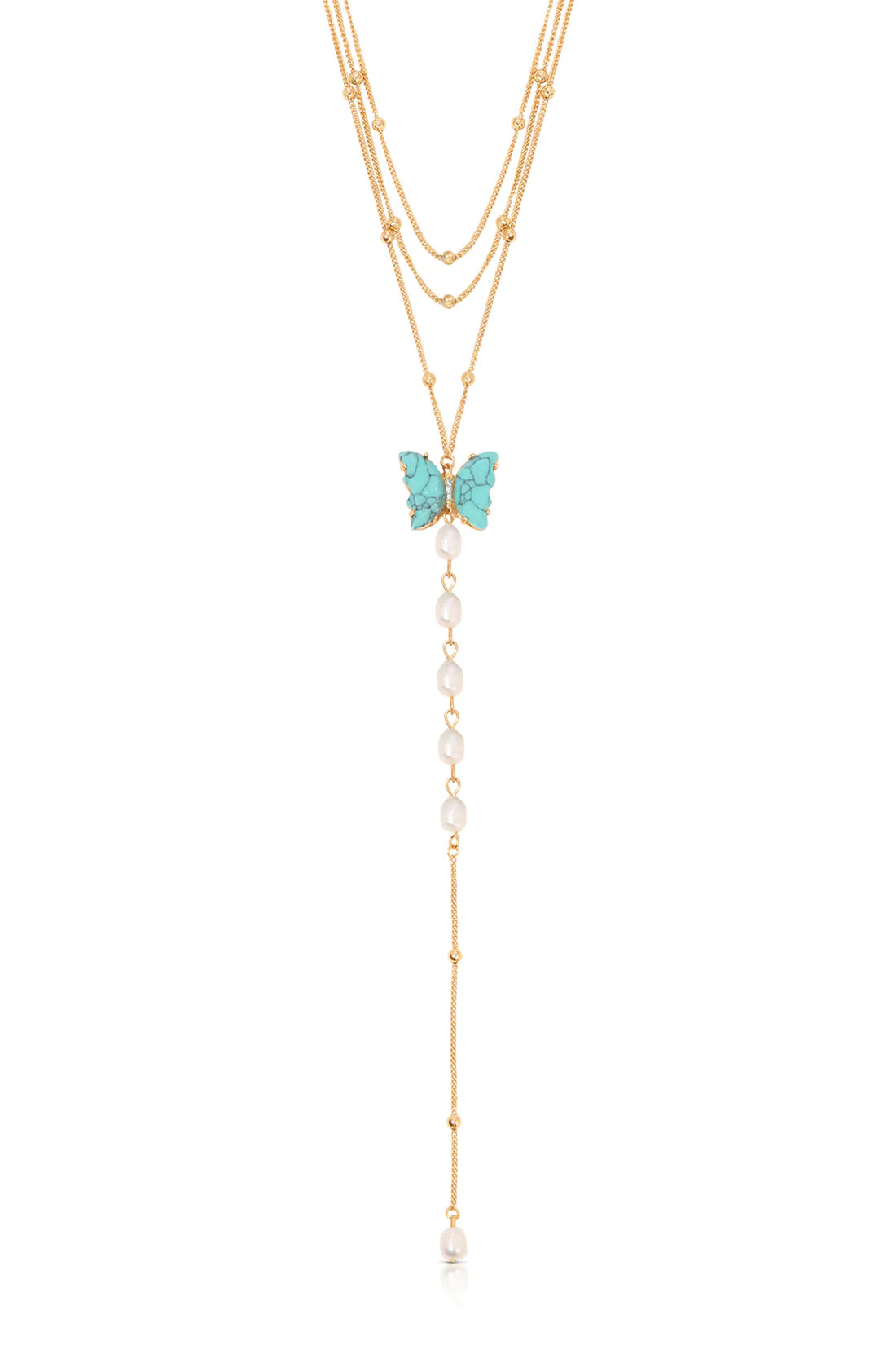 Ettika Turquoise Butterfly Pearl Chain Lariat Necklace