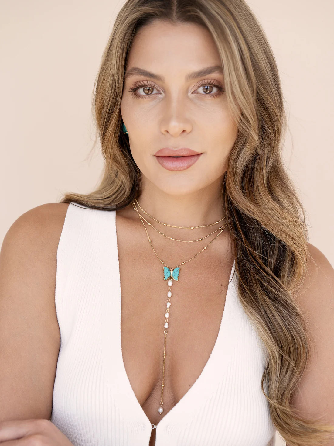 Ettika Turquoise Butterfly Pearl Chain Lariat Necklace