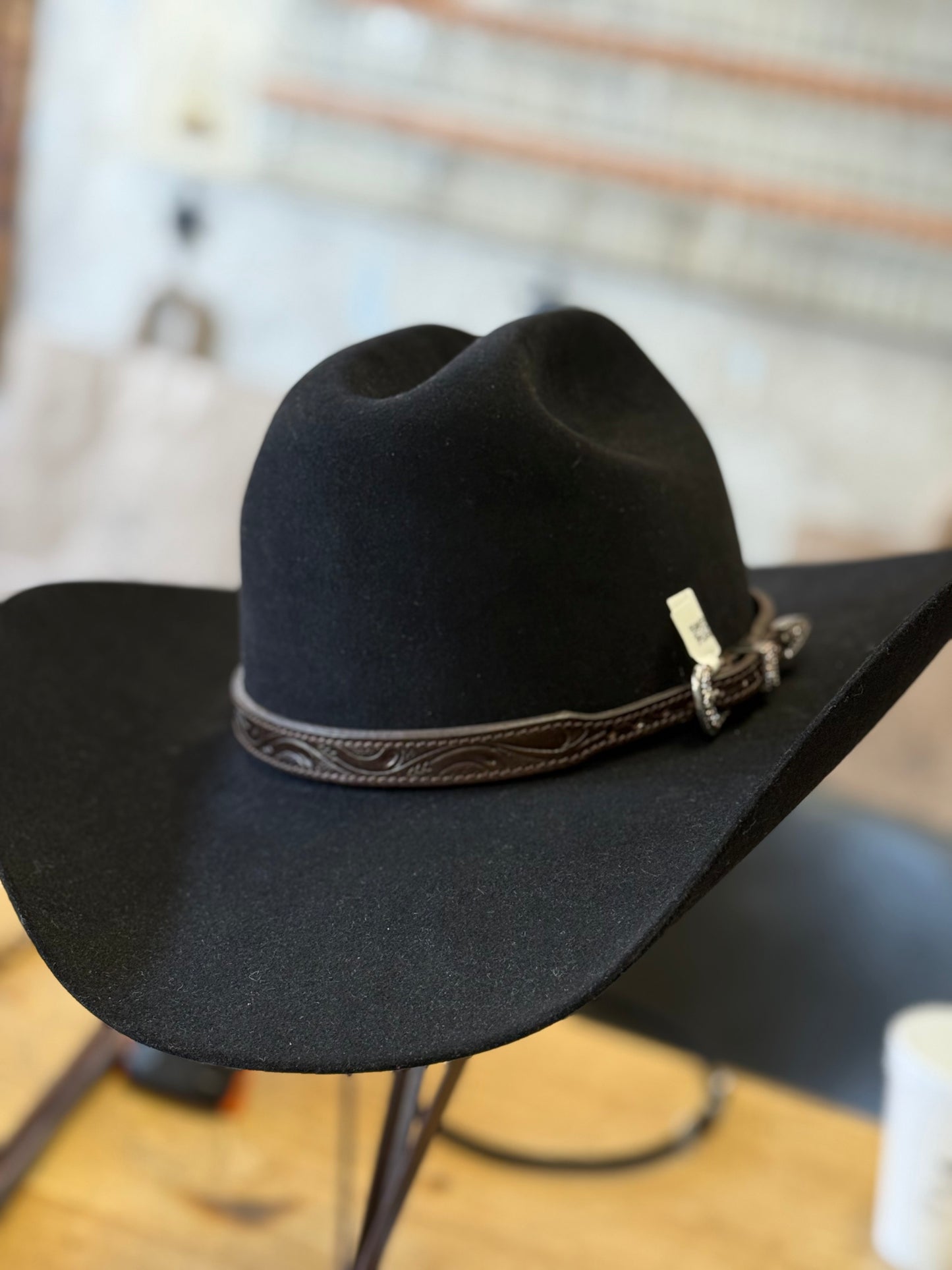 Tooled Leather Hat Band w/ Silver Buckle