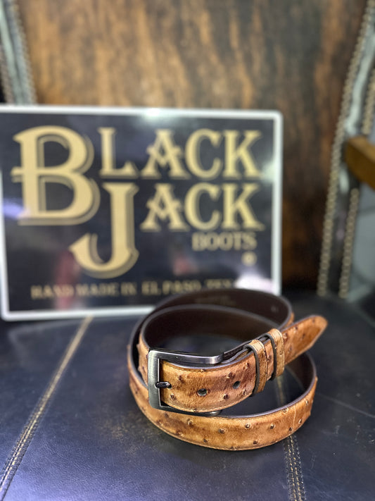 Black Jack Full Quill Ostrich Belt  1 1/2" Wide Burnished Cigar