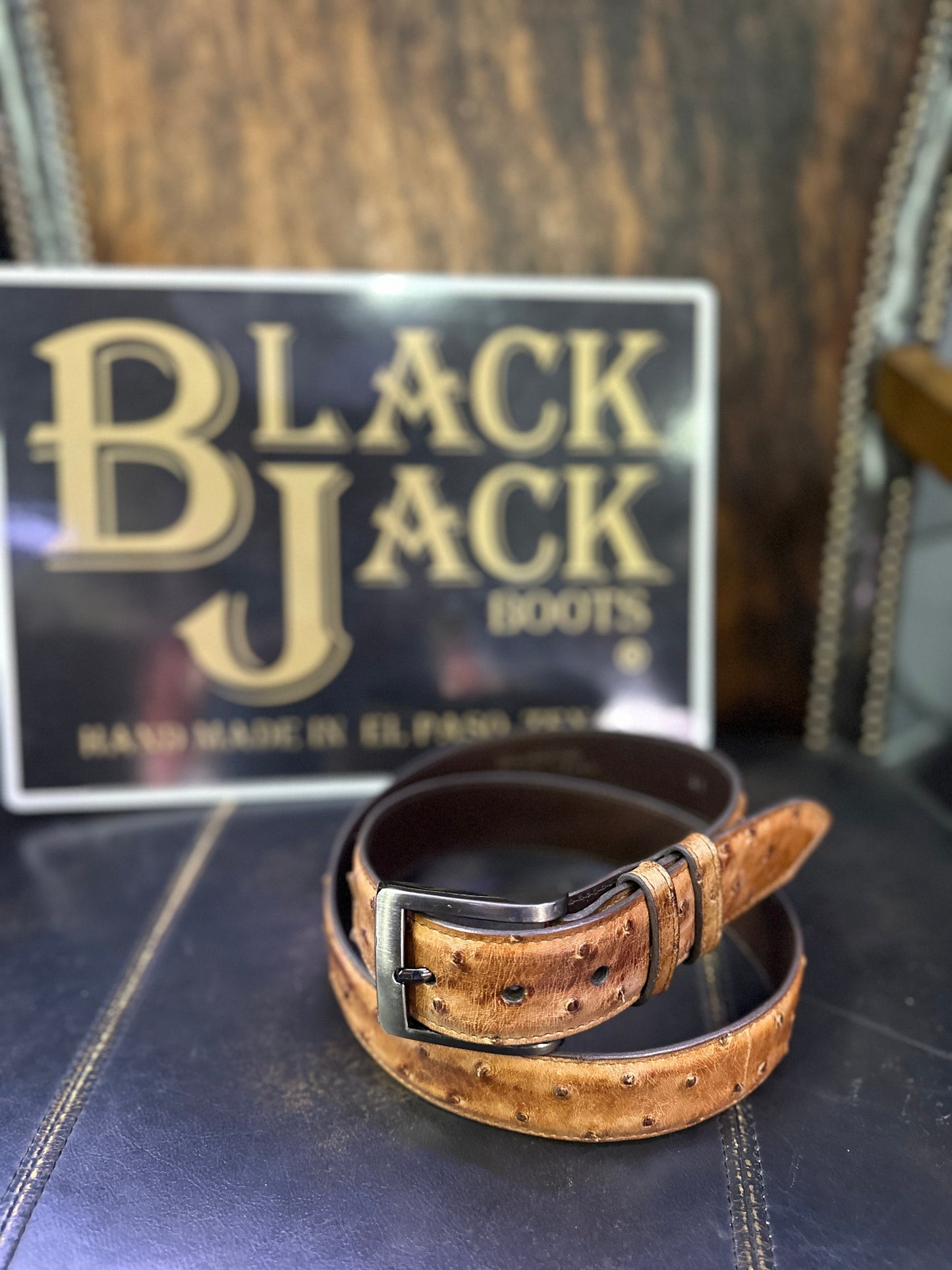 Black Jack Full Quill Ostrich Belt  1 1/2" Wide Burnished Cigar