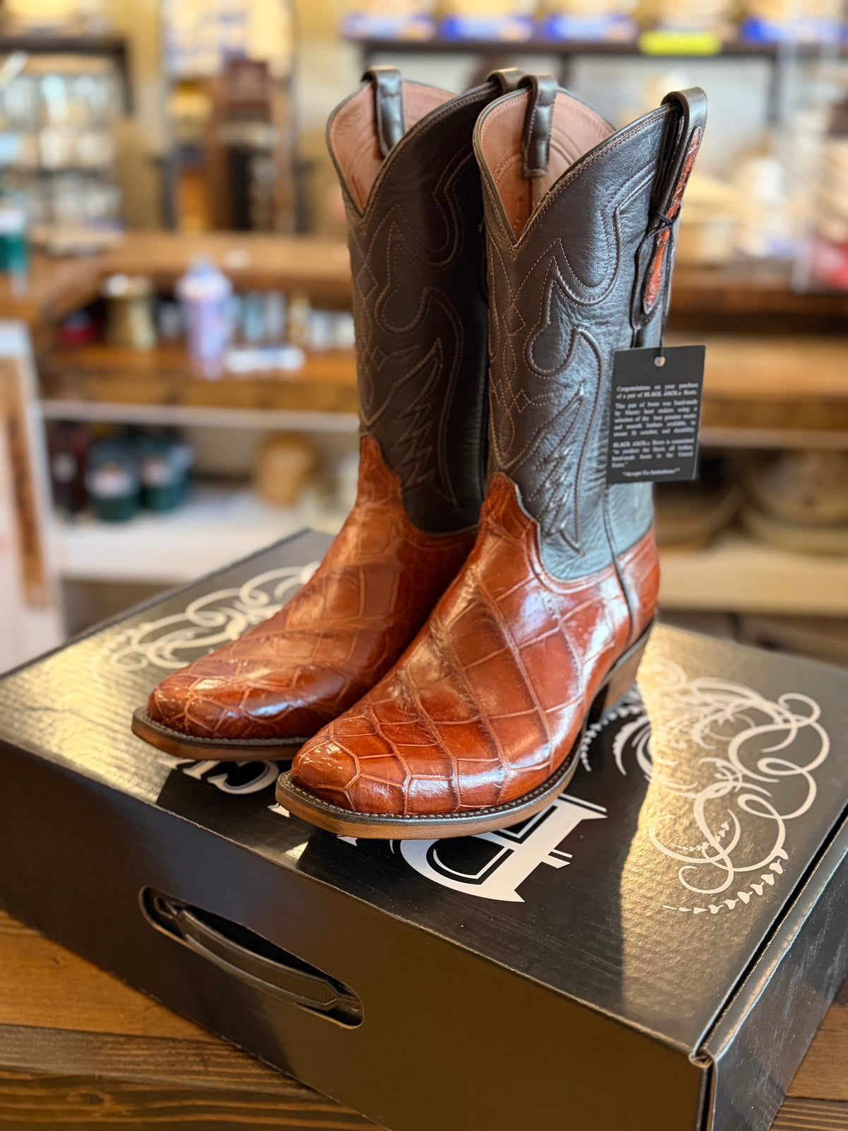 Black Jack Wild Gator Belly Cowboy Boots - Burnished Cognac