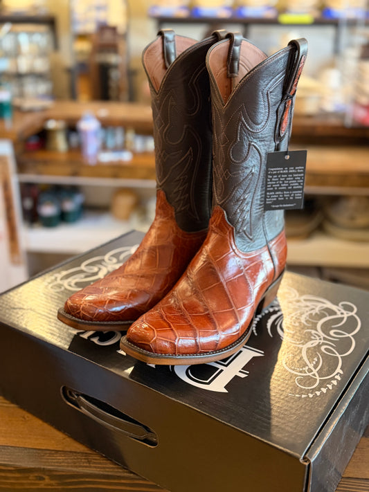 Black Jack Wild Gator Belly Cowboy Boots - Burnished Cognac
