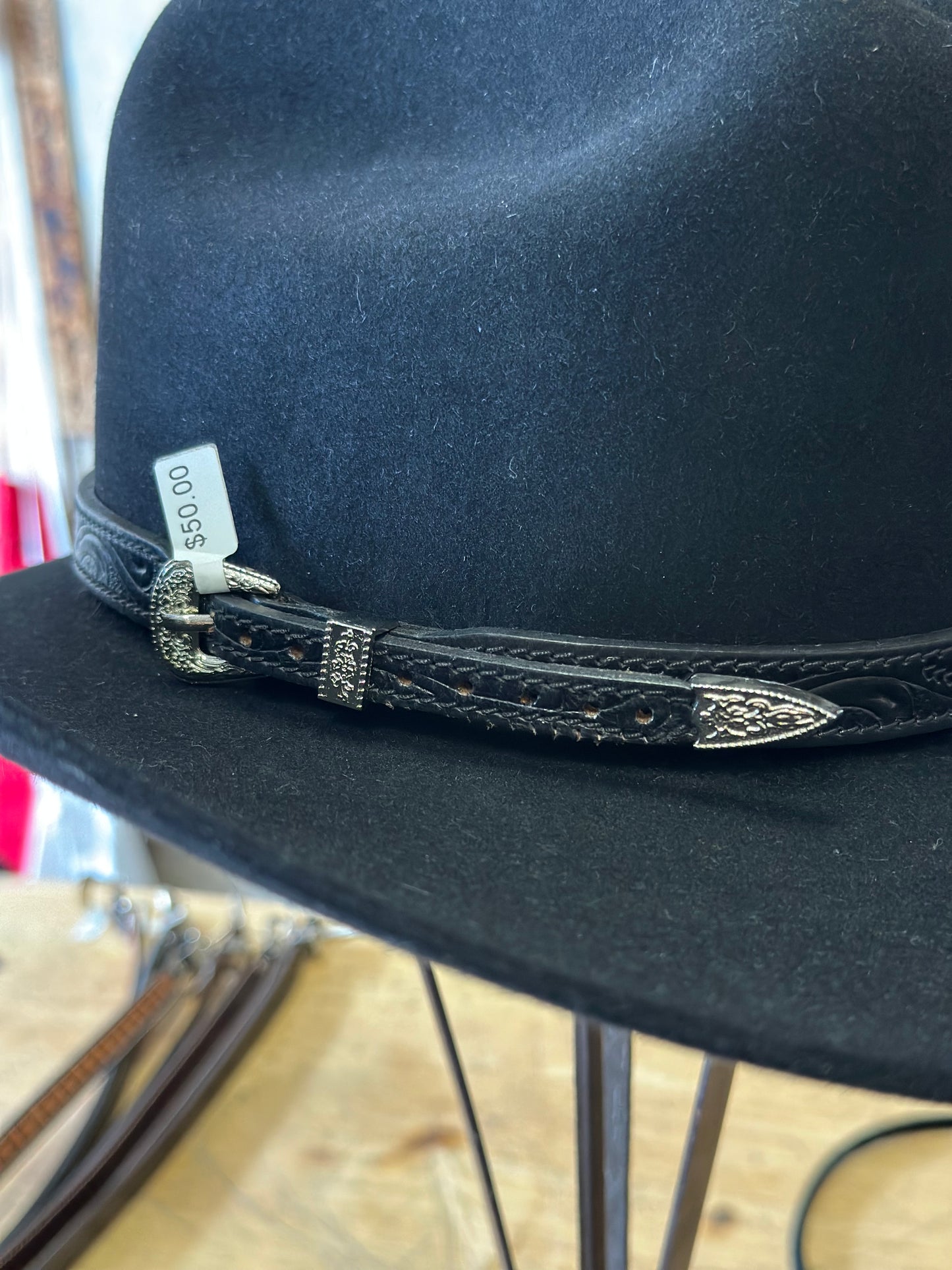 Tooled Leather Hat Band w/ Silver Buckle