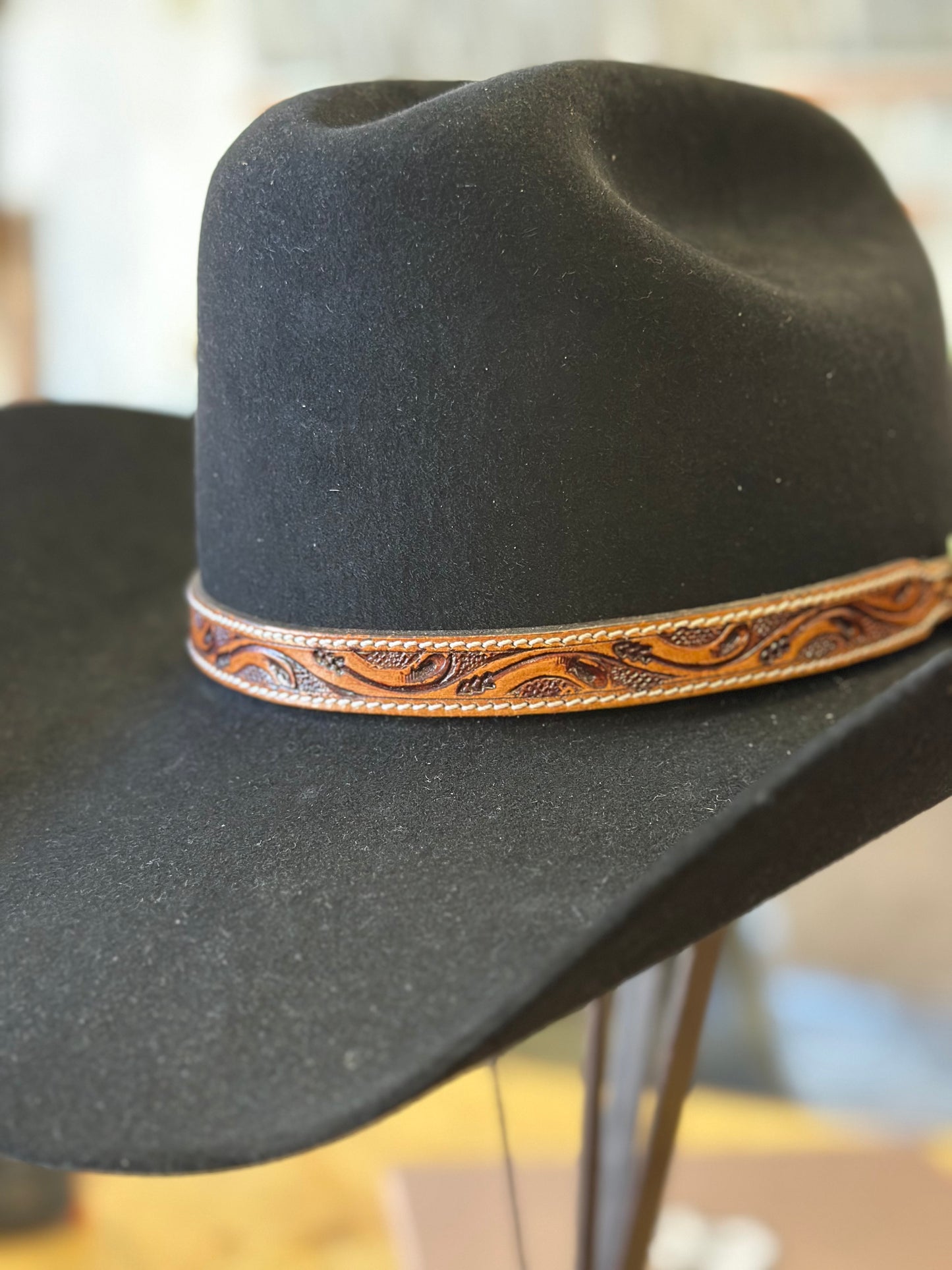 Tooled Leather Hat Band w/ Silver Buckle